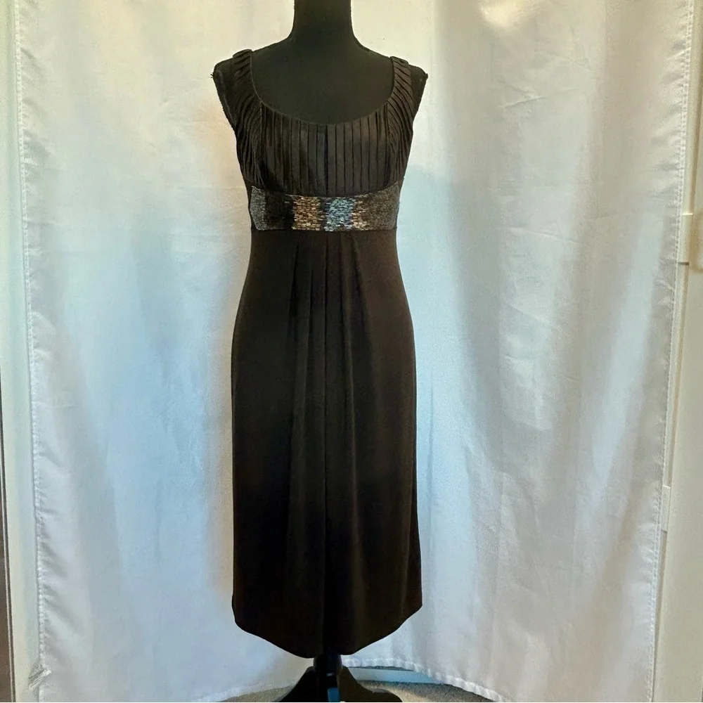 Joseph Ribkoff dark chocolate brown pleated ruched beaded sleeveless midi dress - Picture 15 of 15